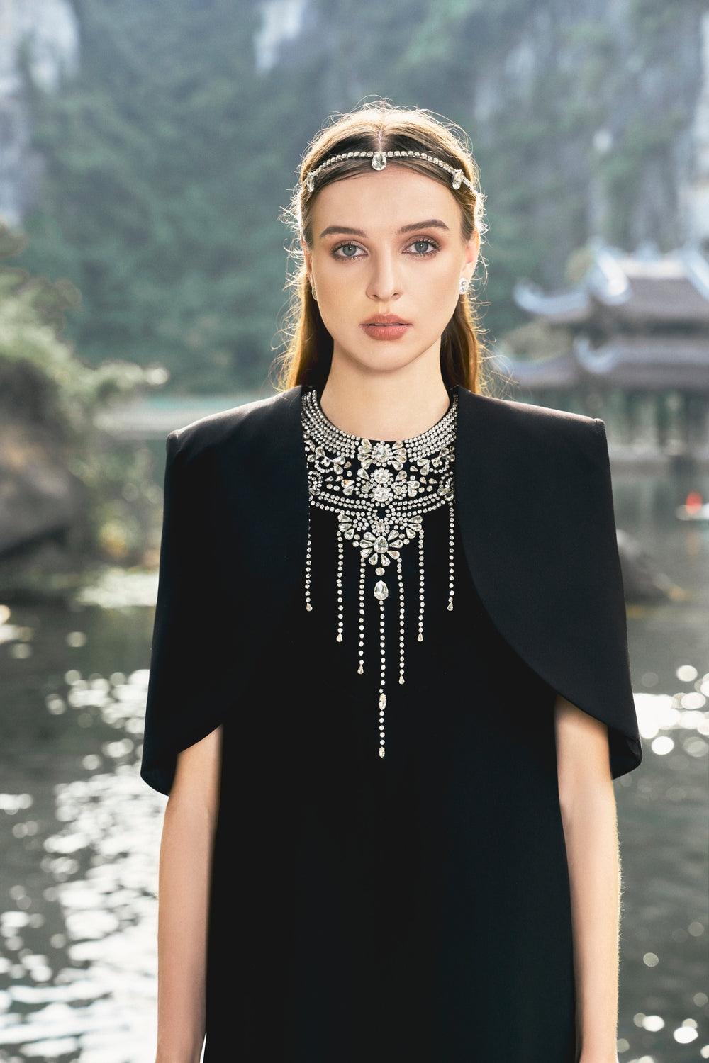 Cropped Curved Cape With Stone Embellished Straight Dress Set - TRACY COUTURE