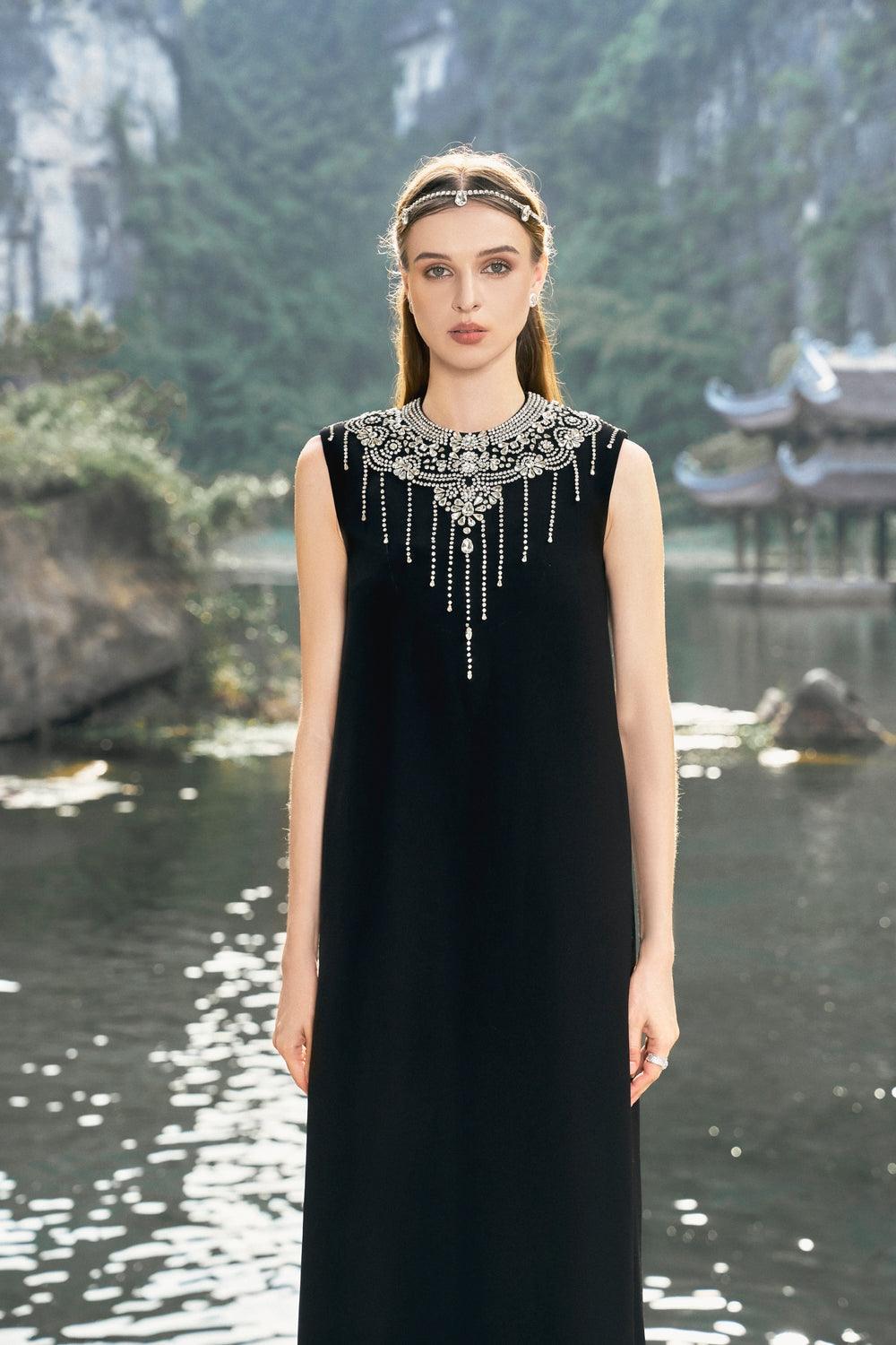 Cropped Curved Cape With Stone Embellished Straight Dress Set - TRACY COUTURE