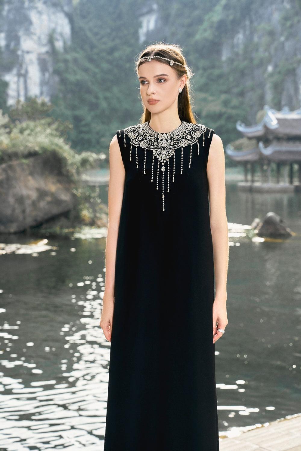 Cropped Curved Cape With Stone Embellished Straight Dress Set - TRACY COUTURE