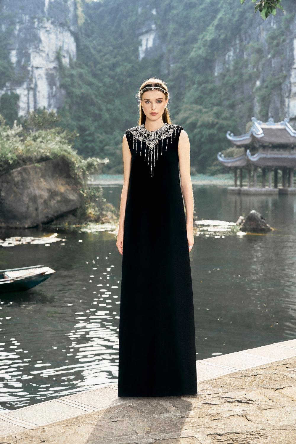 Cropped Curved Cape With Stone Embellished Straight Dress Set - TRACY COUTURE