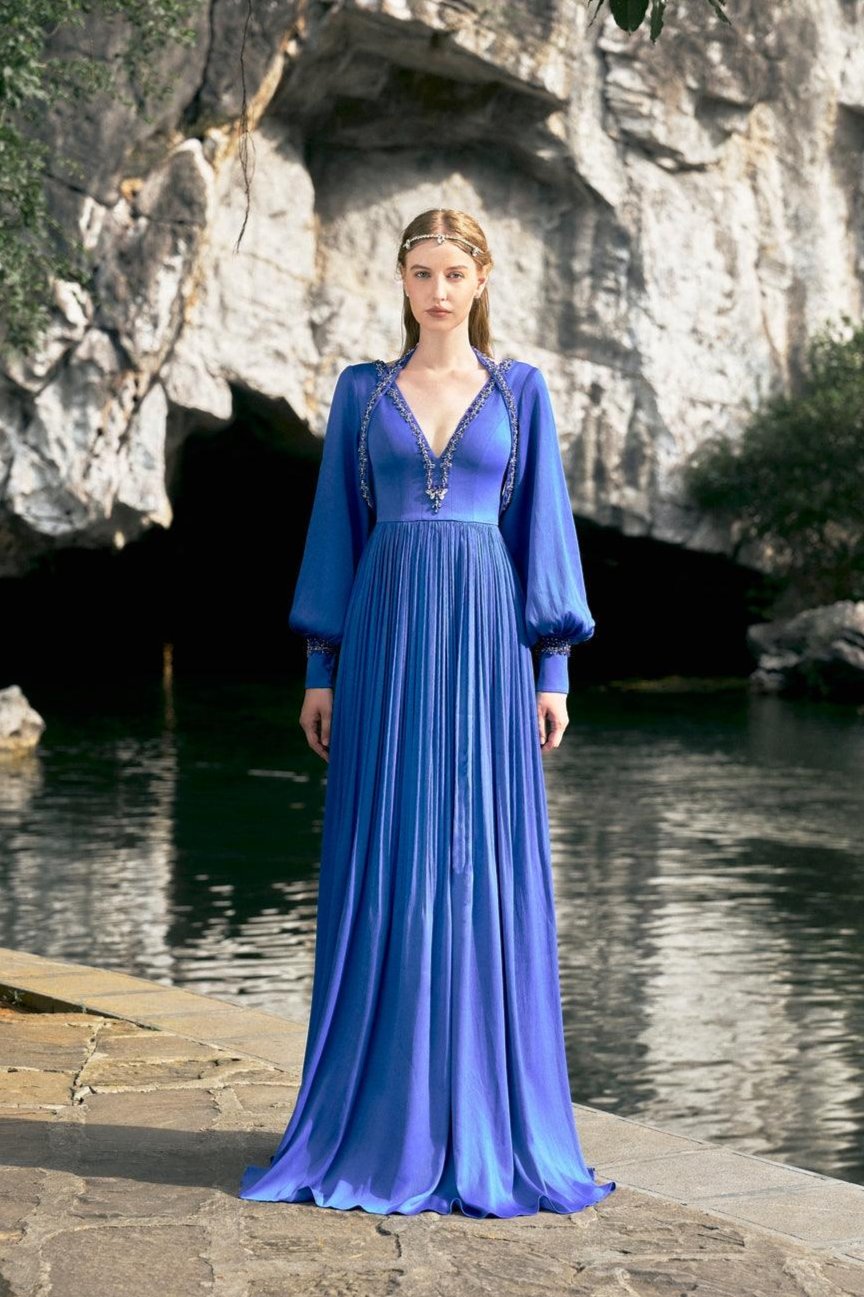 Long Puffy Sleeve V-Neck Dress - TRACY COUTURE