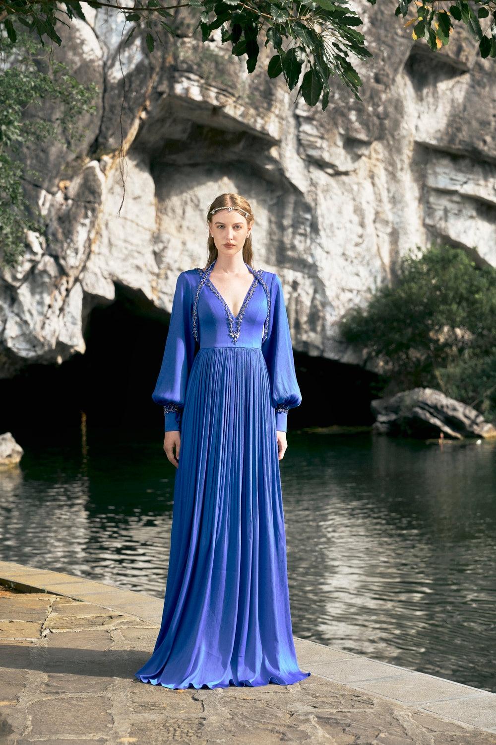 Long Puffy Sleeve V-Neck Dress - TRACY COUTURE