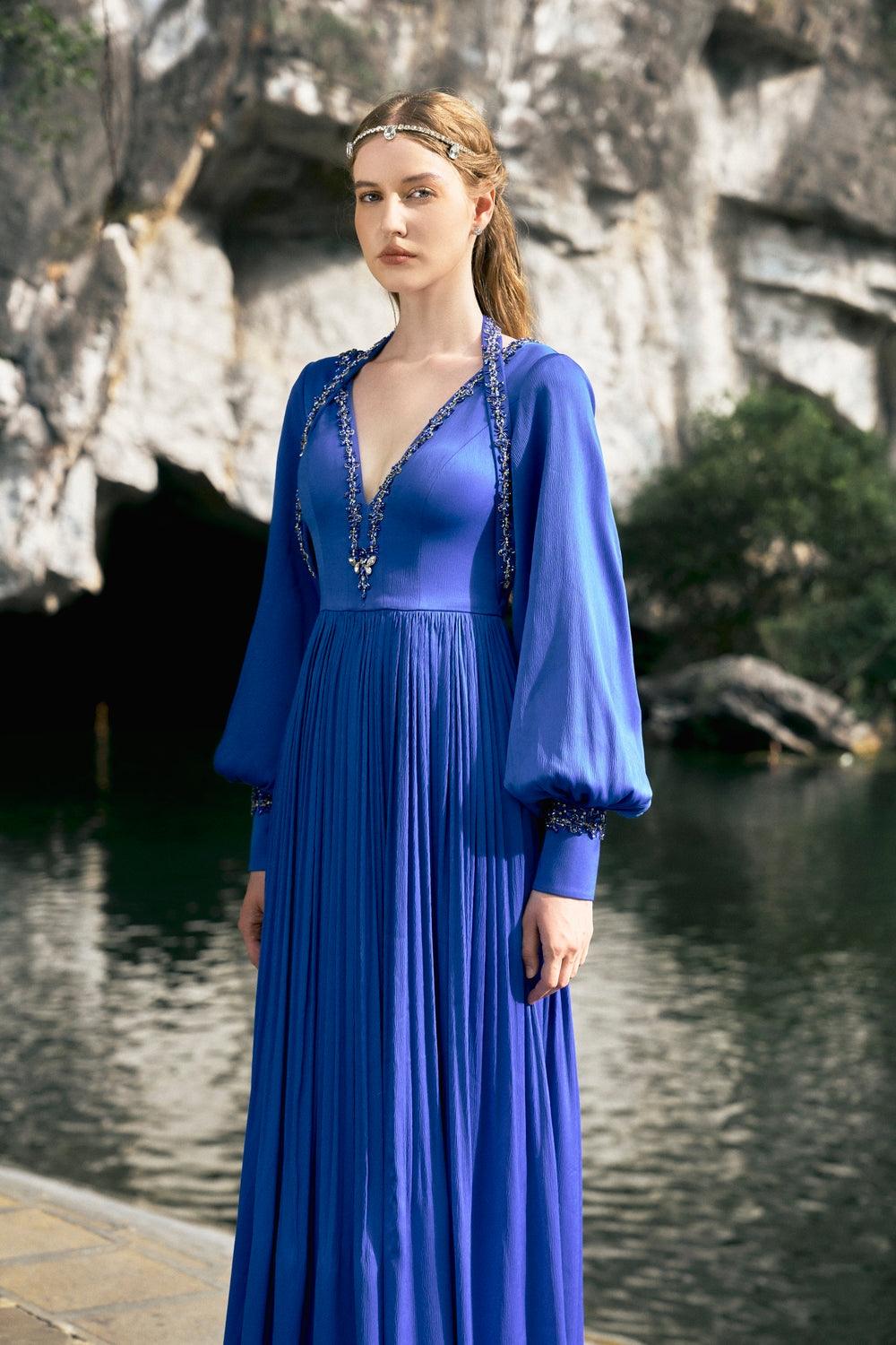 Long Puffy Sleeve V-Neck Dress - TRACY COUTURE