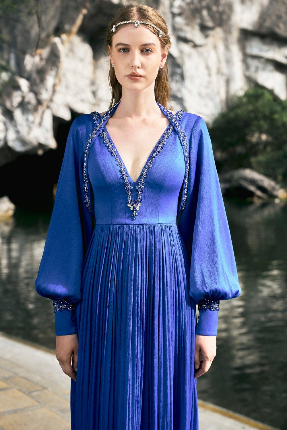 Long Puffy Sleeve V-Neck Dress - TRACY COUTURE