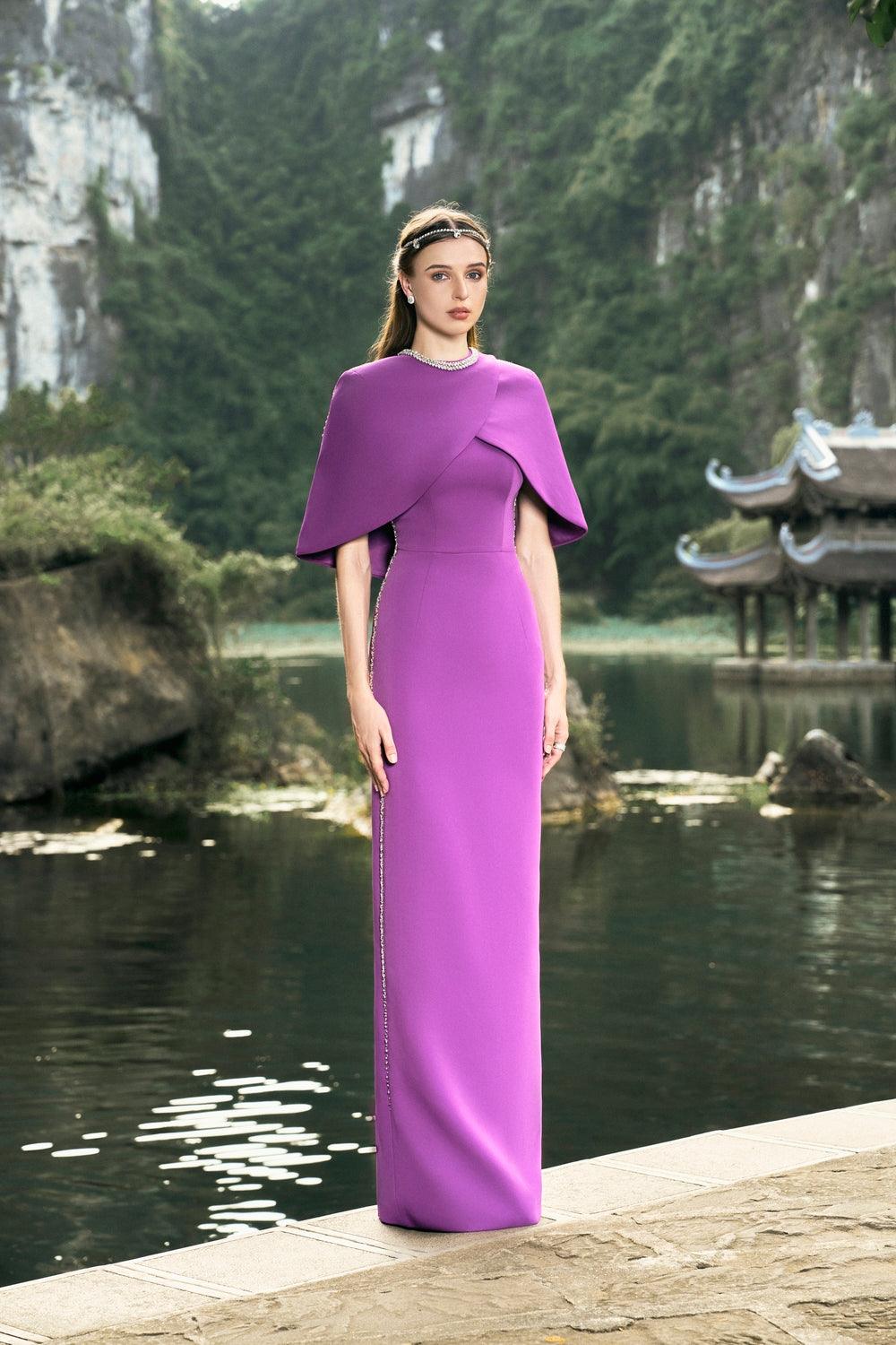 Cross Over Cape With Sides Stone Embellishments Line Dress Set - TRACY COUTURE