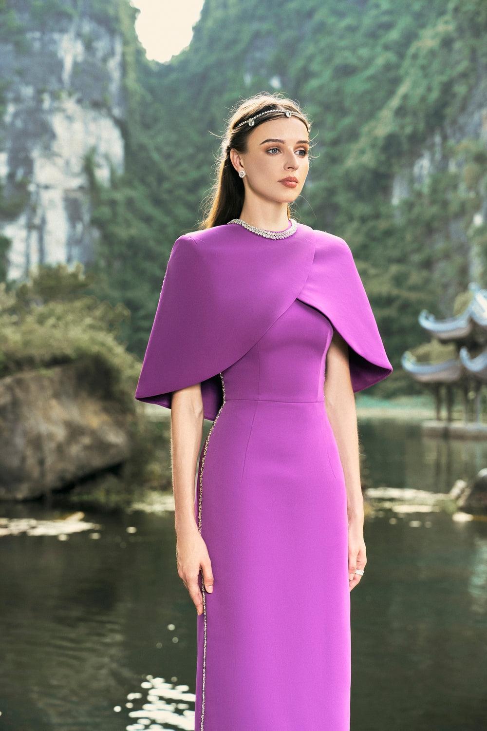 Cross Over Cape With Sides Stone Embellishments Line Dress Set - TRACY COUTURE