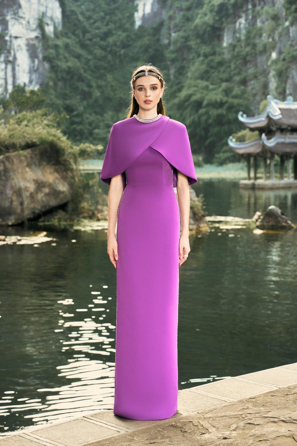 Cross Over Cape With Sides Stone Embellishments Line Dress Set - TRACY COUTURE