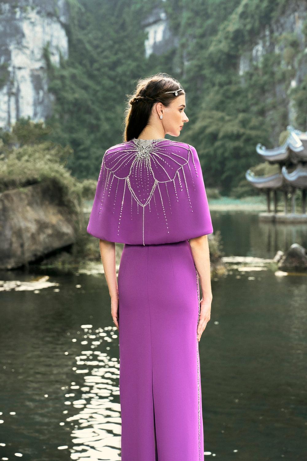 Cross Over Cape With Sides Stone Embellishments Line Dress Set - TRACY COUTURE