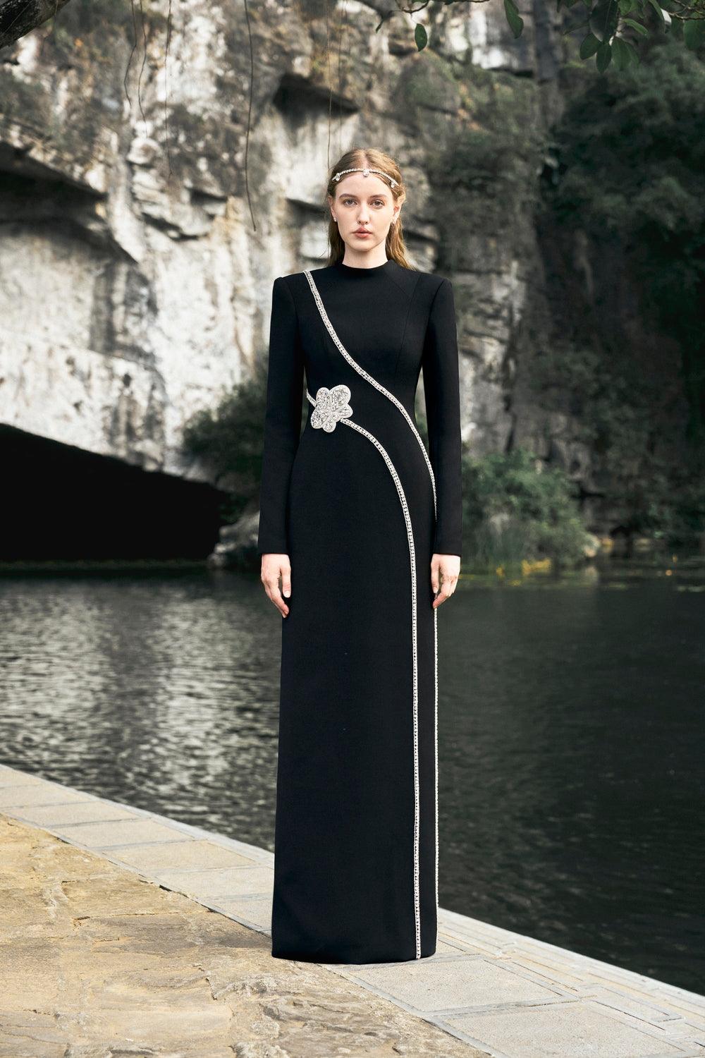 Stone Embellished Padded Shoulder Dress - TRACY COUTURE