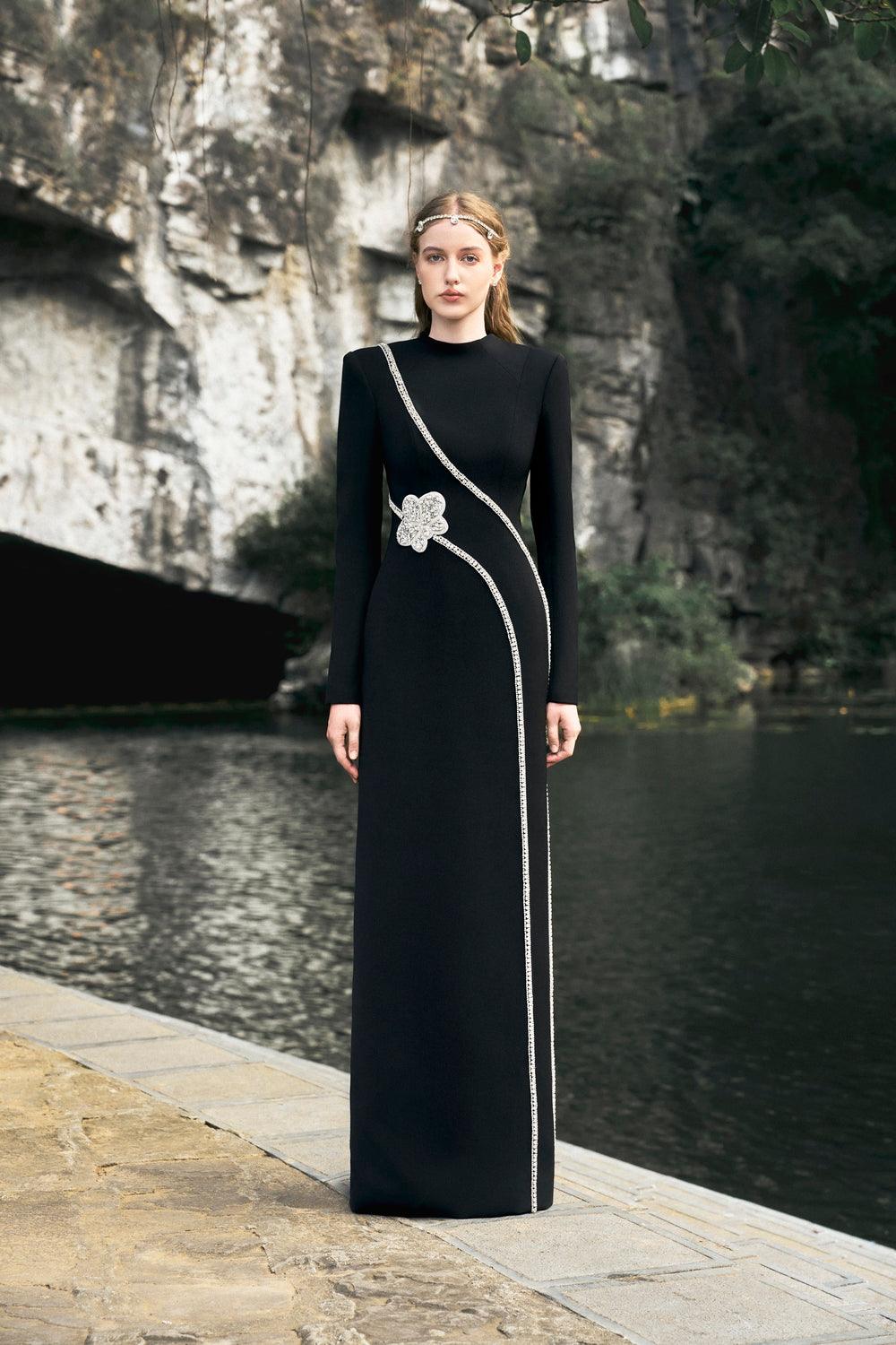 Stone Embellished Padded Shoulder Dress - TRACY COUTURE