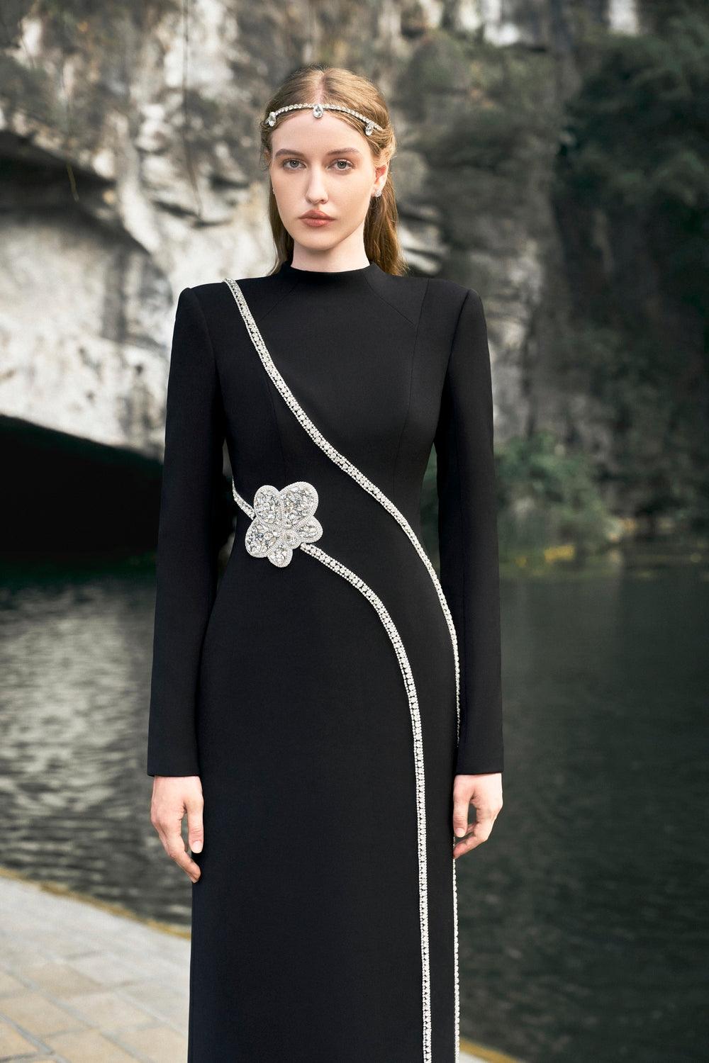 Stone Embellished Padded Shoulder Dress - TRACY COUTURE