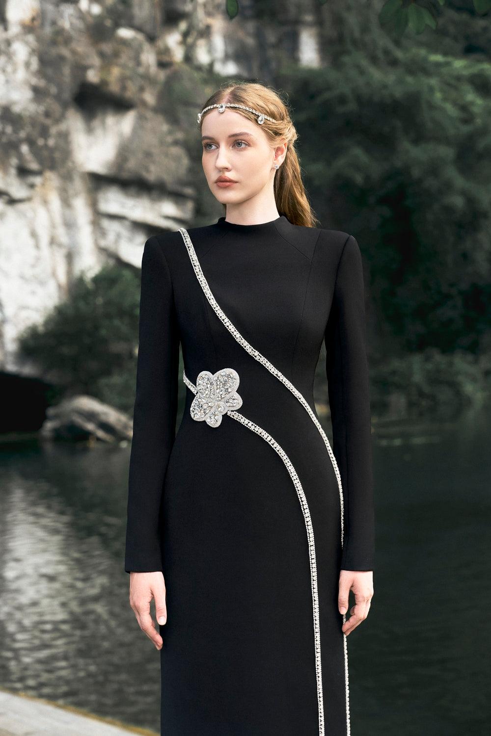 Stone Embellished Padded Shoulder Dress - TRACY COUTURE