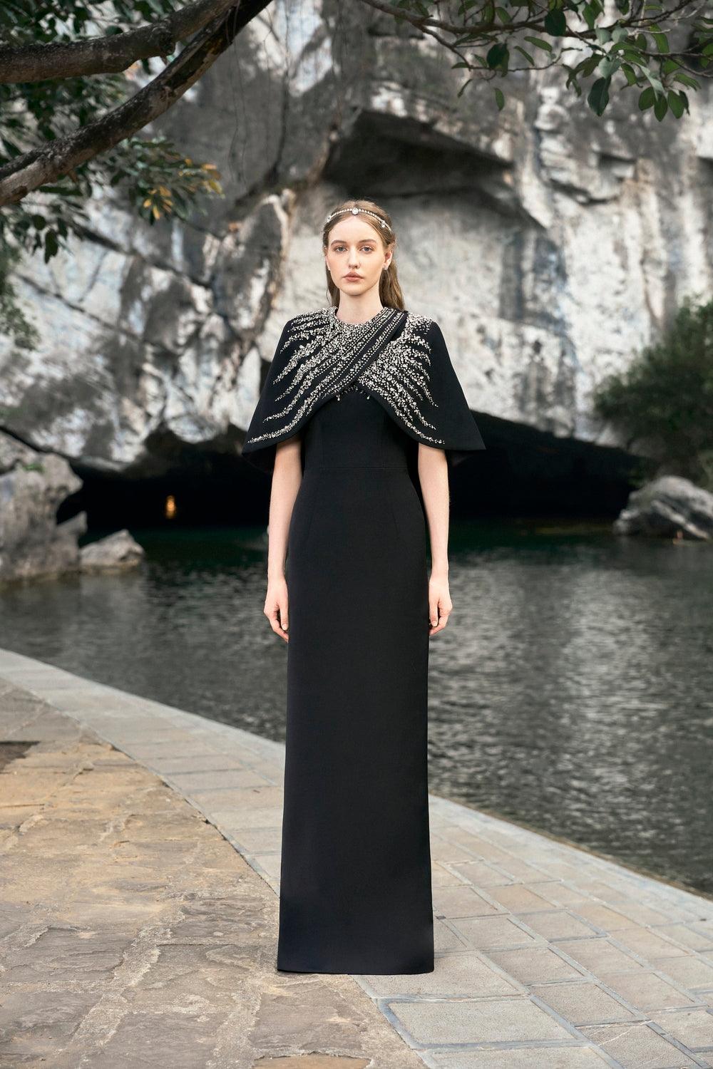 Stone Embellished Cross Over Cape  With Back Slit Floor Length Dress - TRACY COUTURE