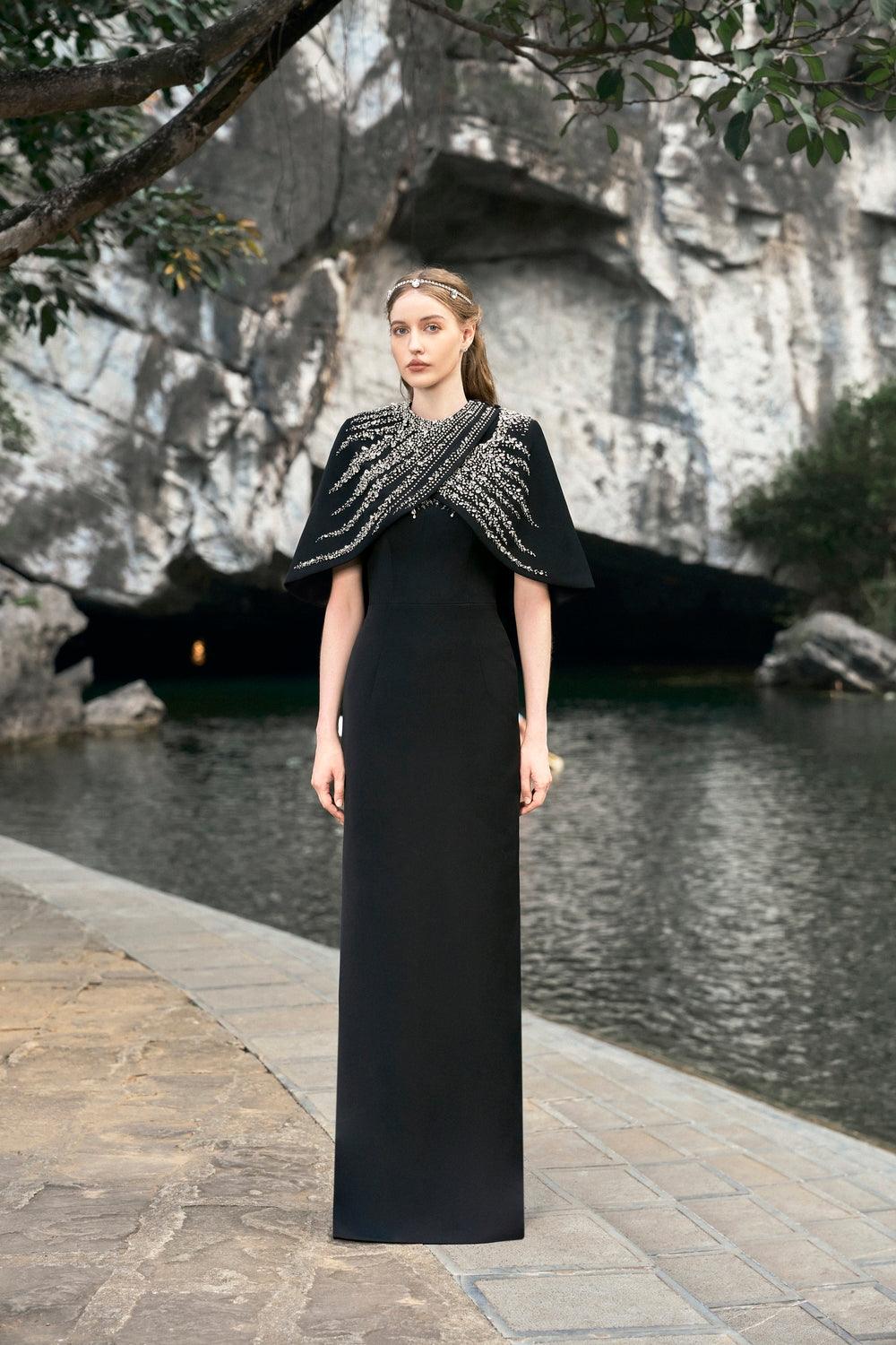 Stone Embellished Cross Over Cape  With Back Slit Floor Length Dress - TRACY COUTURE