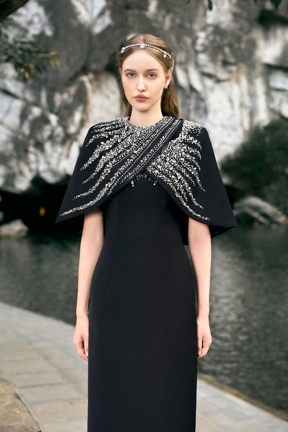 Stone Embellished Cross Over Cape  With Back Slit Floor Length Dress - TRACY COUTURE