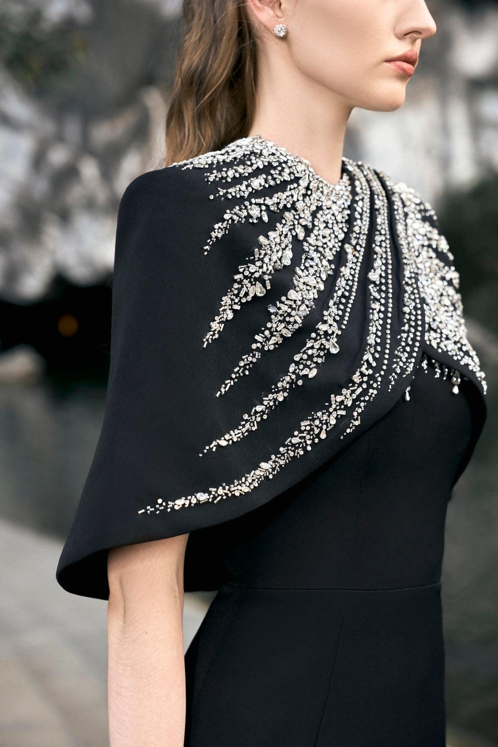 Stone Embellished Cross Over Cape  With Back Slit Floor Length Dress - TRACY COUTURE