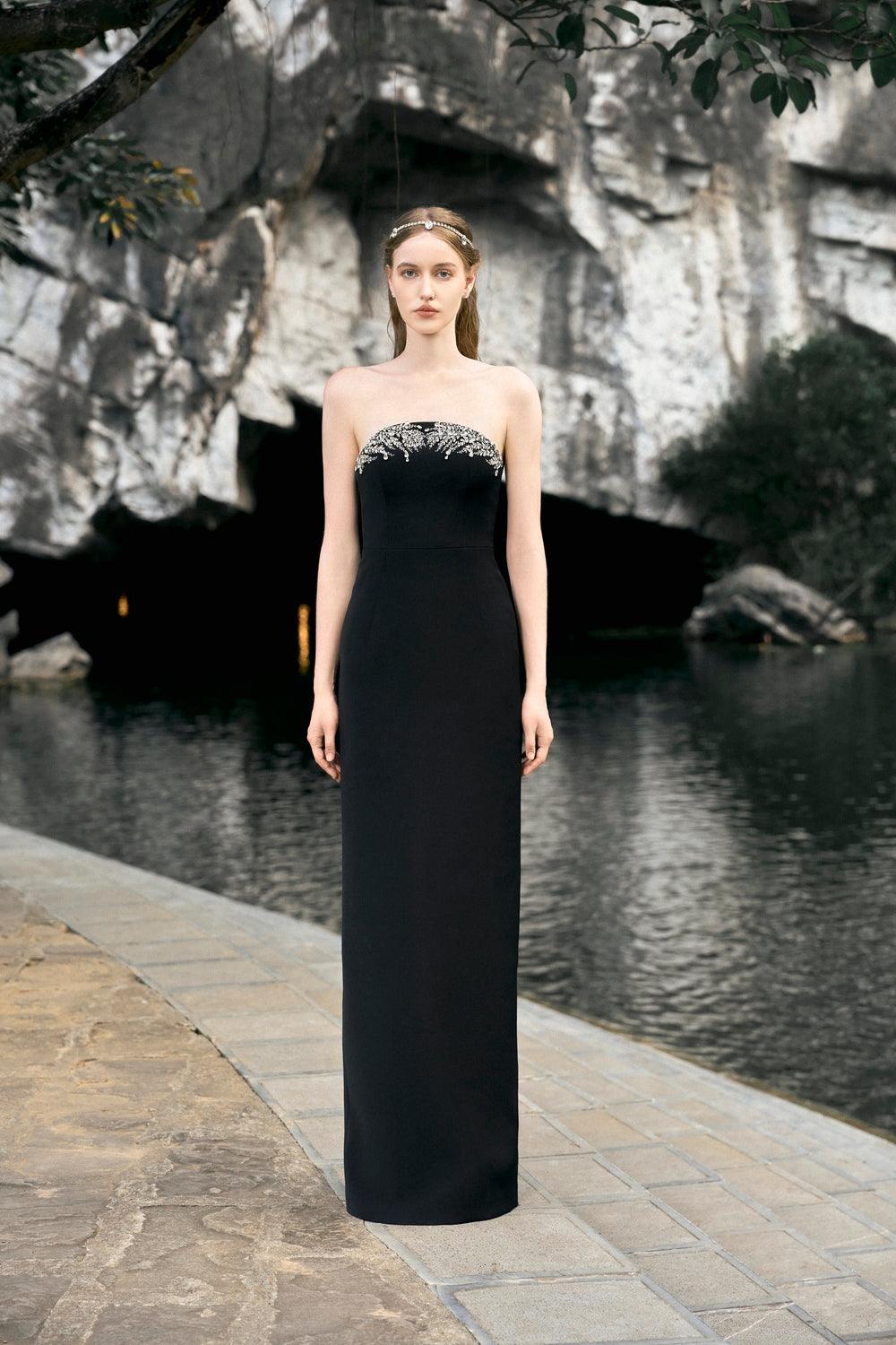 Stone Embellished Cross Over Cape  With Back Slit Floor Length Dress - TRACY COUTURE