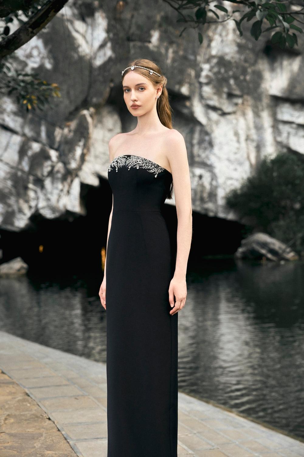 Stone Embellished Cross Over Cape  With Back Slit Floor Length Dress - TRACY COUTURE