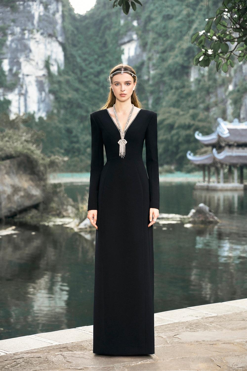 Long Sleeve Back Slit Dress - TRACY COUTURE