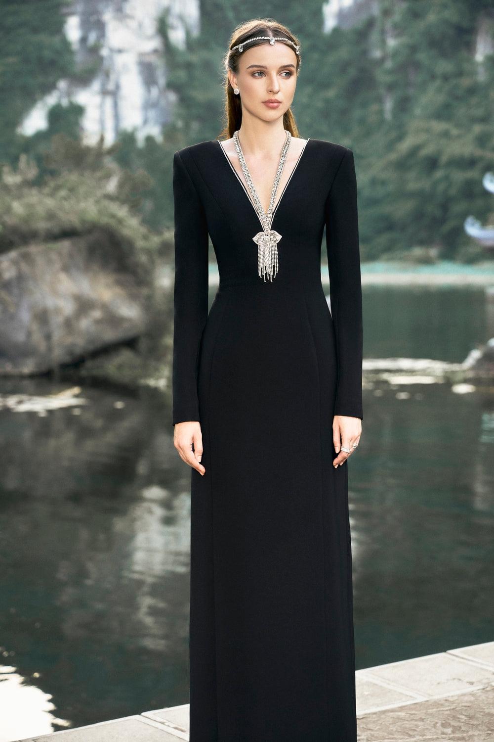 Long Sleeve Back Slit Dress - TRACY COUTURE