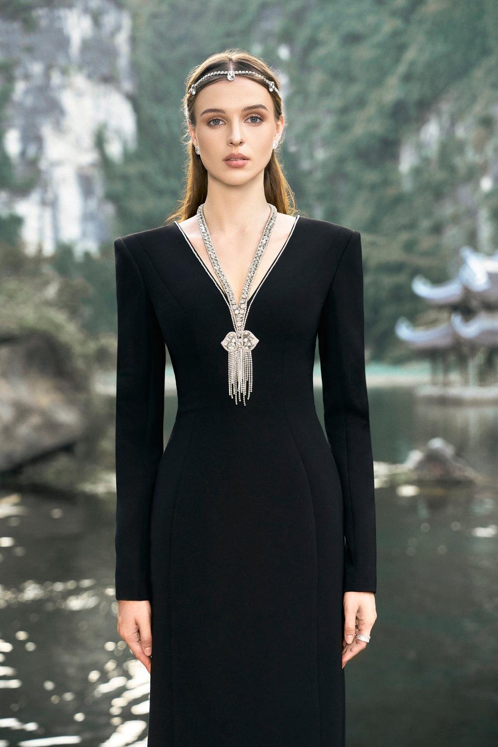 Long Sleeve Back Slit Dress - TRACY COUTURE