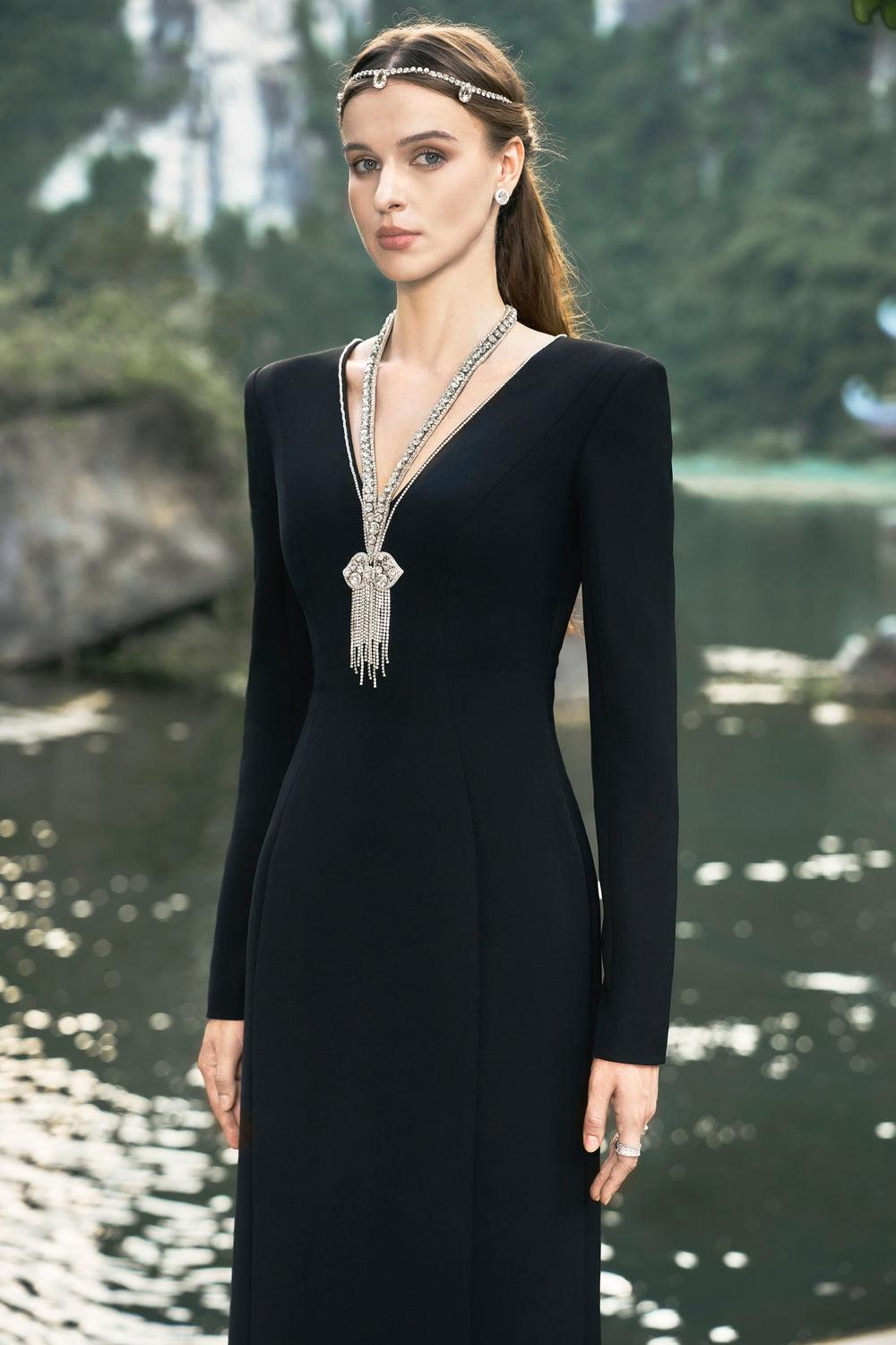 Long Sleeve Back Slit Dress - TRACY COUTURE