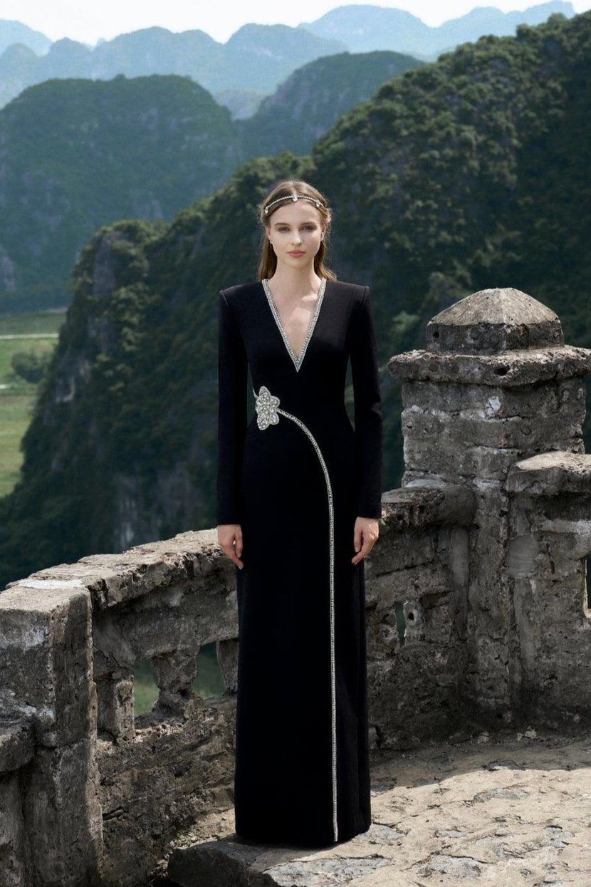 Stone Orchid Embellished V-Neck Dress - TRACY COUTURE