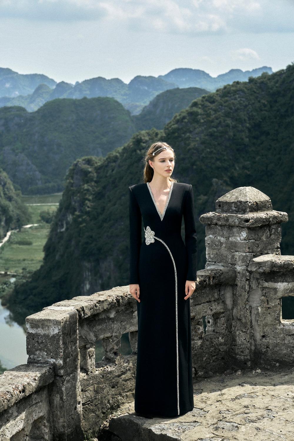 Stone Orchid Embellished V-Neck Dress - TRACY COUTURE