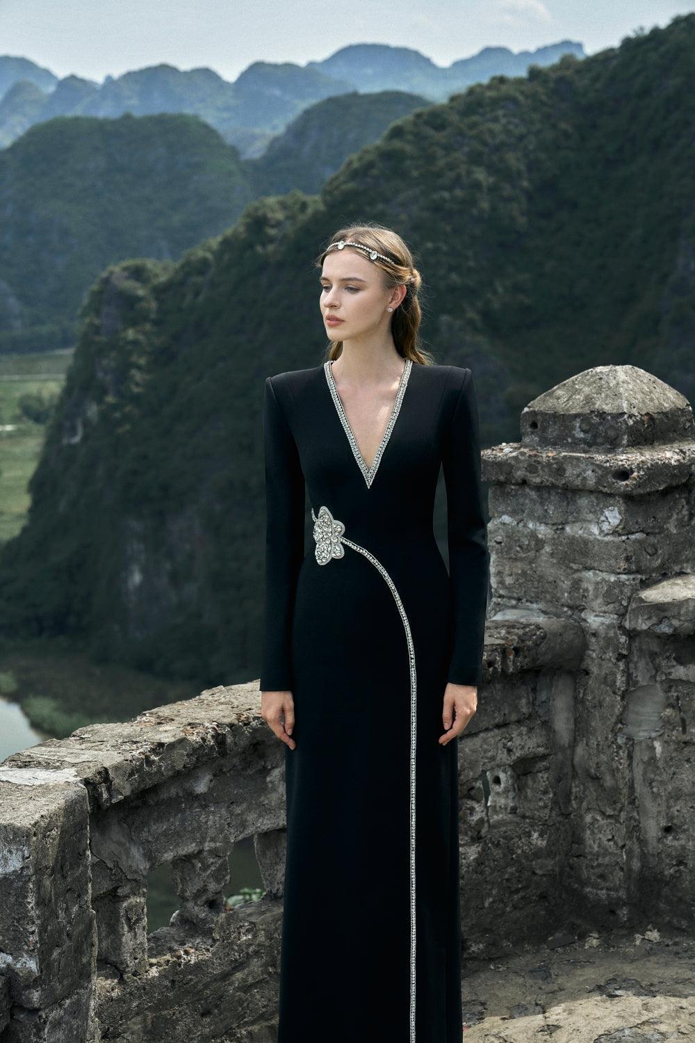 Stone Orchid Embellished V-Neck Dress - TRACY COUTURE