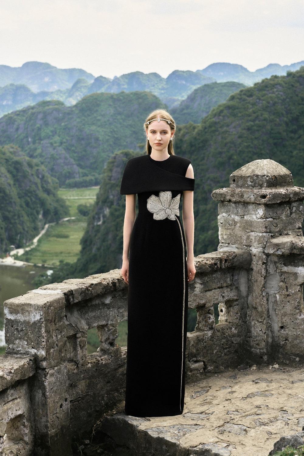 Asymmetric Shoulder Cape With Stone Orchid Patterned Dress Set - TRACY COUTURE