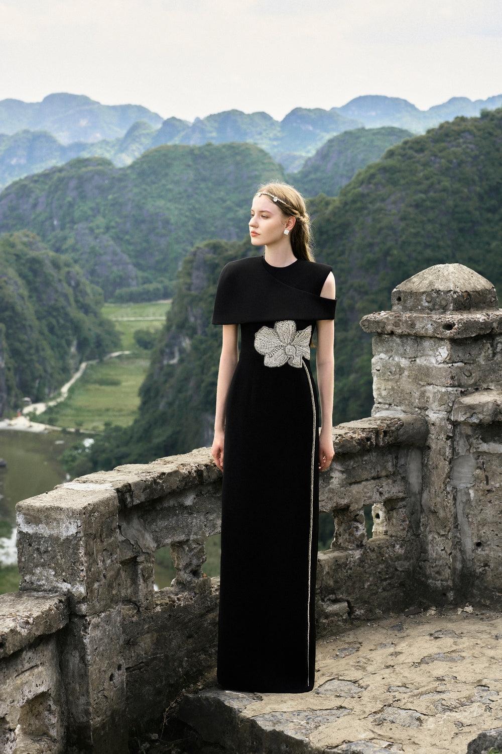 Asymmetric Shoulder Cape With Stone Orchid Patterned Dress Set - TRACY COUTURE