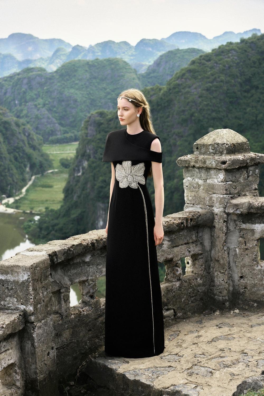 Asymmetric Shoulder Cape With Stone Orchid Patterned Dress Set - TRACY COUTURE