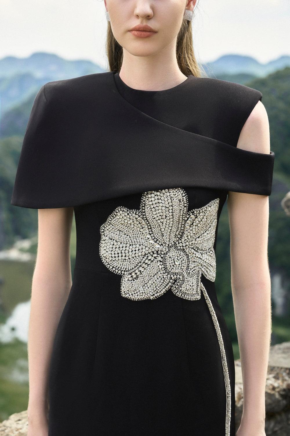 Asymmetric Shoulder Cape With Stone Orchid Patterned Dress Set - TRACY COUTURE