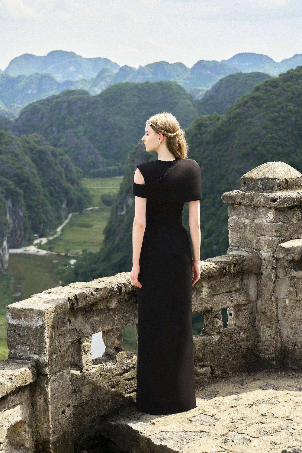 Asymmetric Shoulder Cape With Stone Orchid Patterned Dress Set - TRACY COUTURE