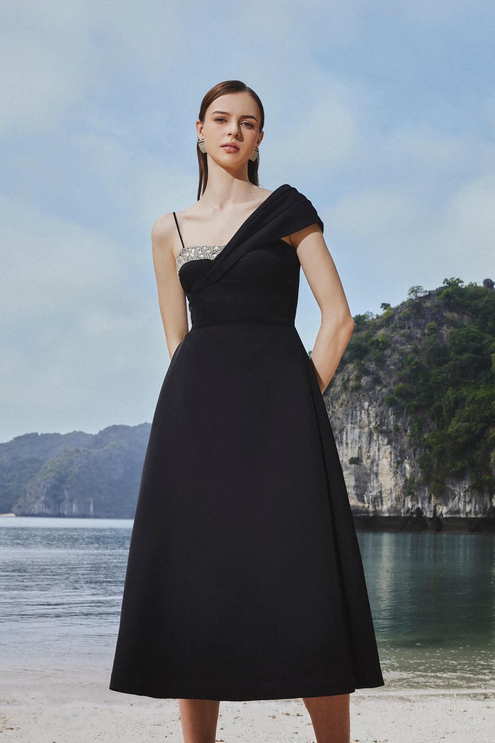Asymmetric Crystal Embroidered One Shoulder Midi Dress XS / Black Asymmetric Crystal Embroidered One Shoulder Midi Dress XS / Black