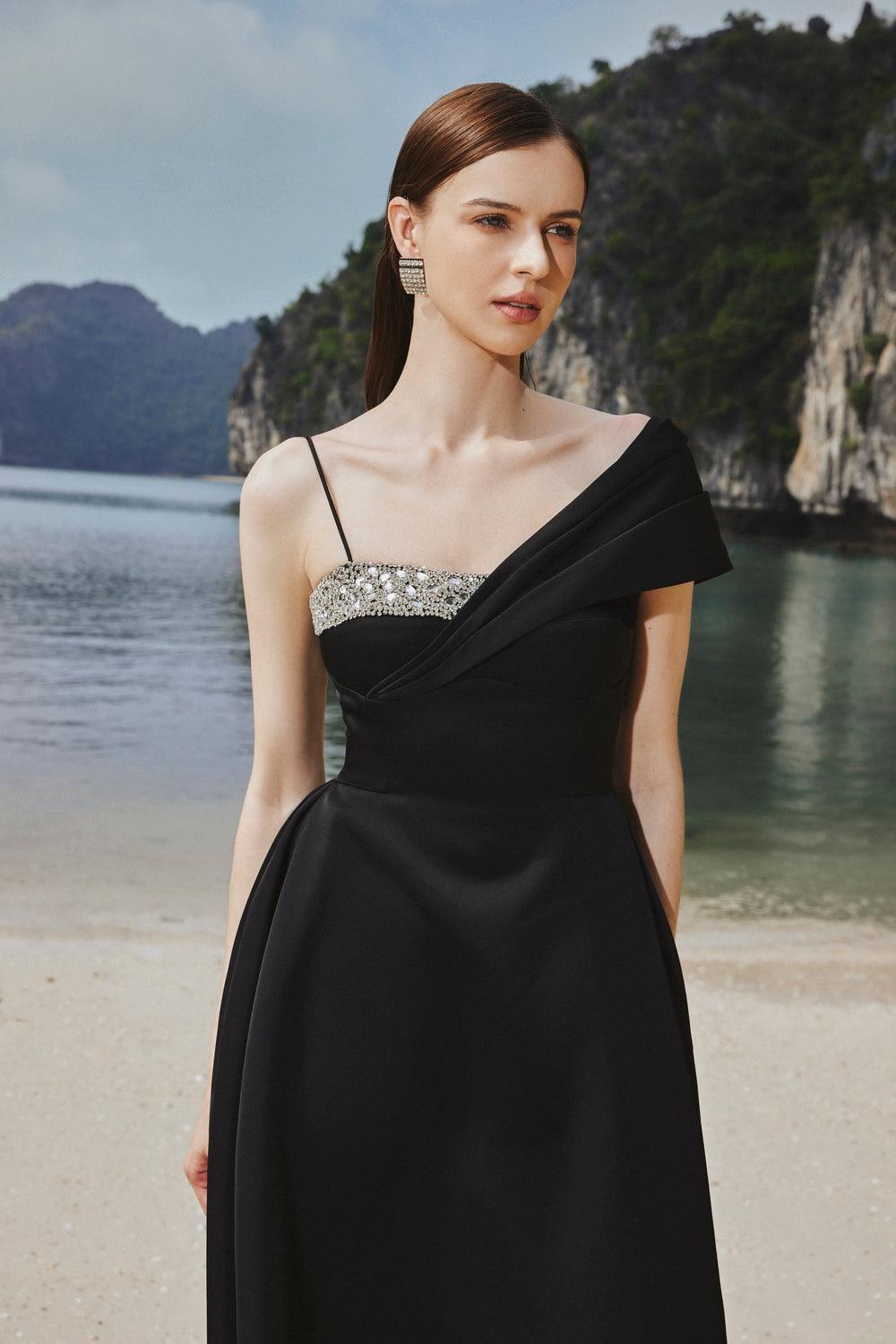 Asymmetric Crystal Embroidered One Shoulder Midi Dress