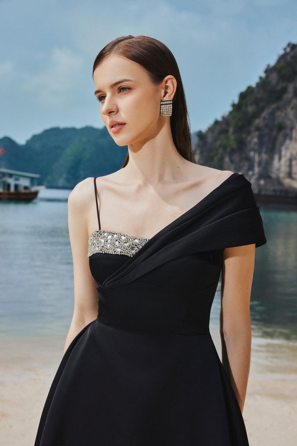 Asymmetric Crystal Embroidered One Shoulder Midi Dress XS / Black Asymmetric Crystal Embroidered One Shoulder Midi Dress XS / Black