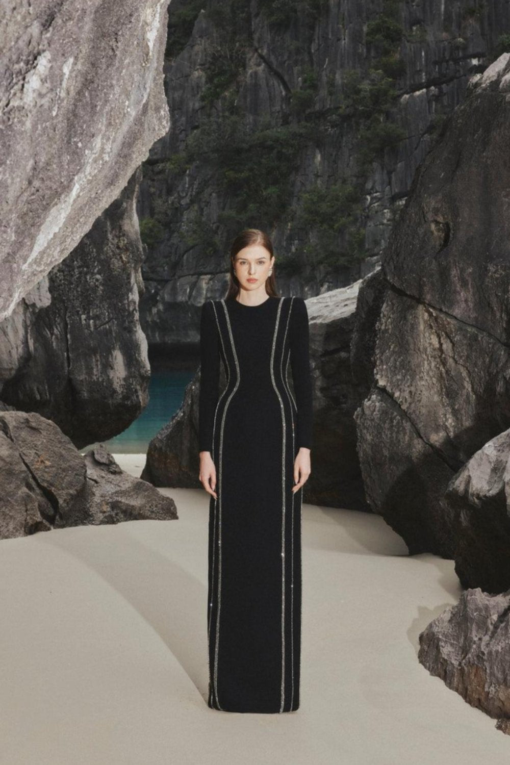 Crystal Embellished Long Sleeve Bodycon Full Dress