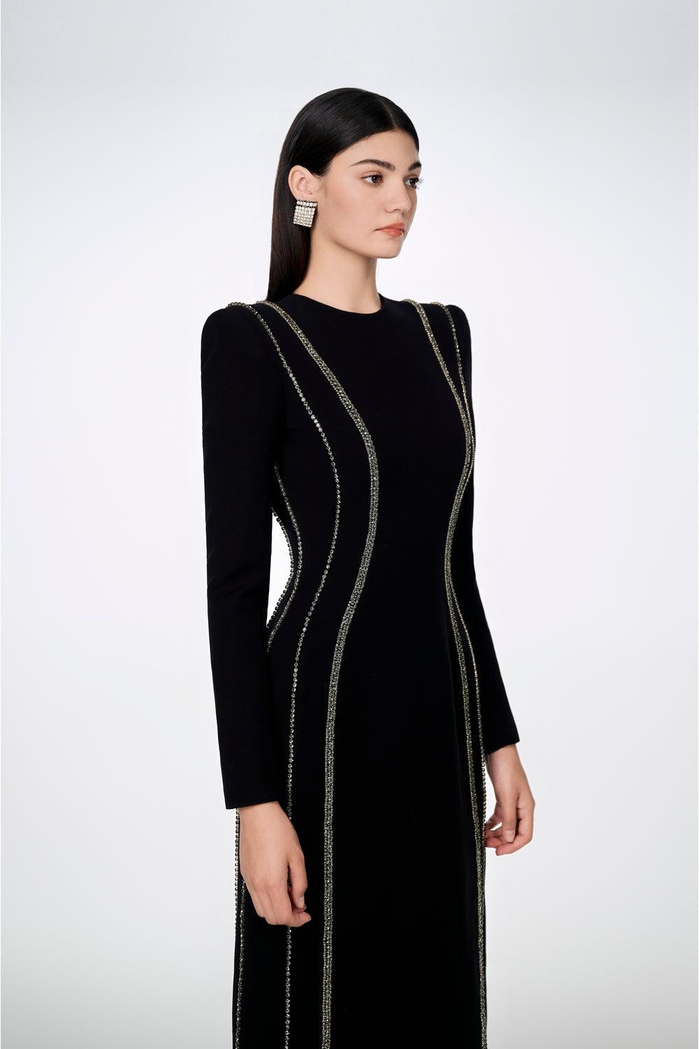 crystal dress bodycon sheath Embellished Long Sleeve Full XS / Black White Satin Dress - thin straps Size:9T evening_dresses