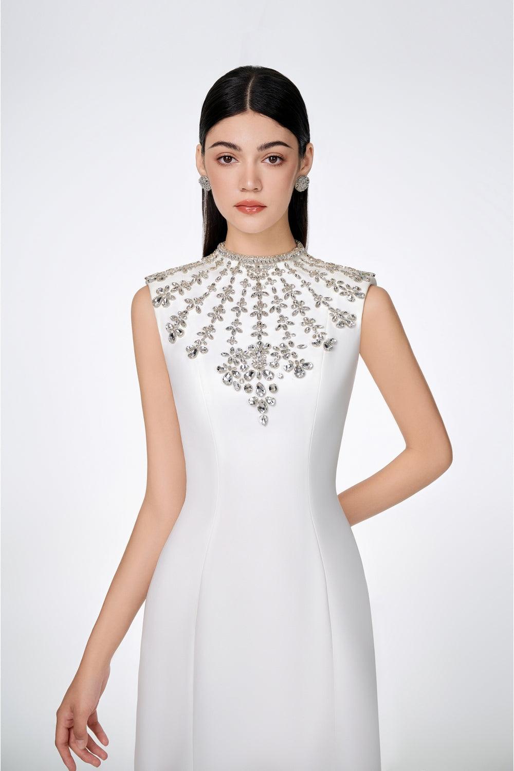 Sleeveless Bodycon Full Dress With Stone Embellishment XL / White