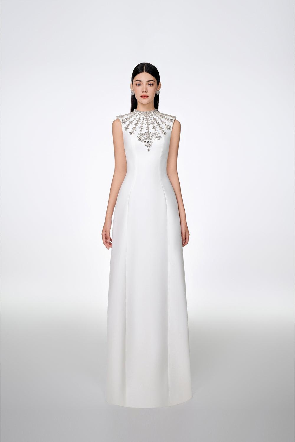 Sleeveless Bodycon Full Dress With Stone Embellishment - TRACY COUTURE