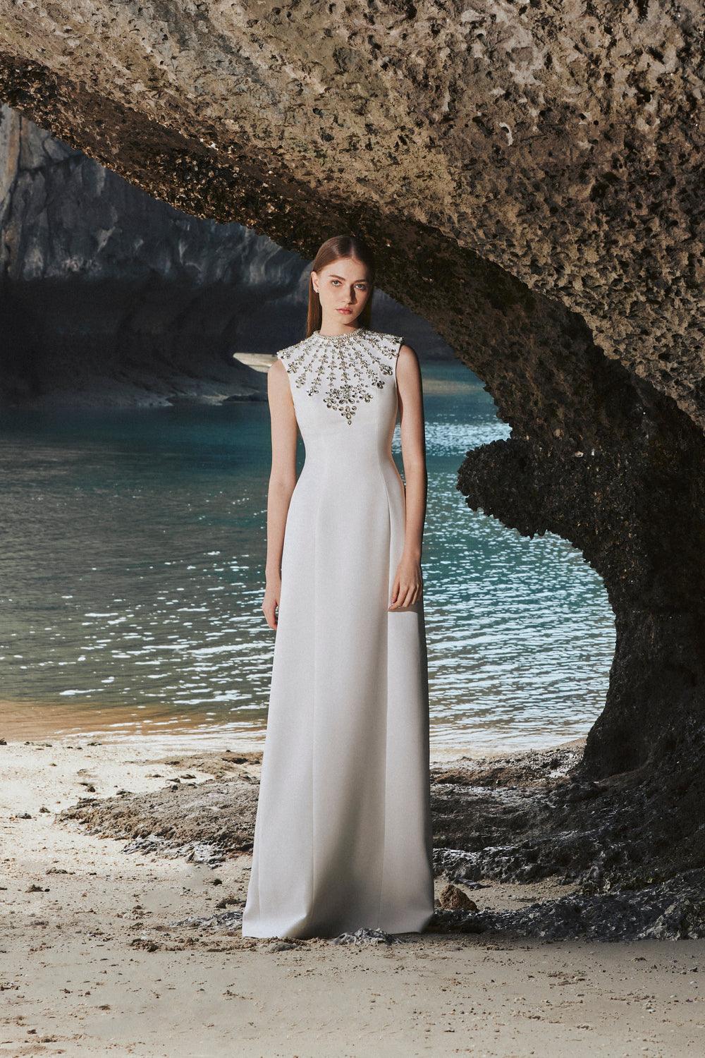 Sleeveless Bodycon Full Dress With Stone Embellishment - TRACY COUTURE