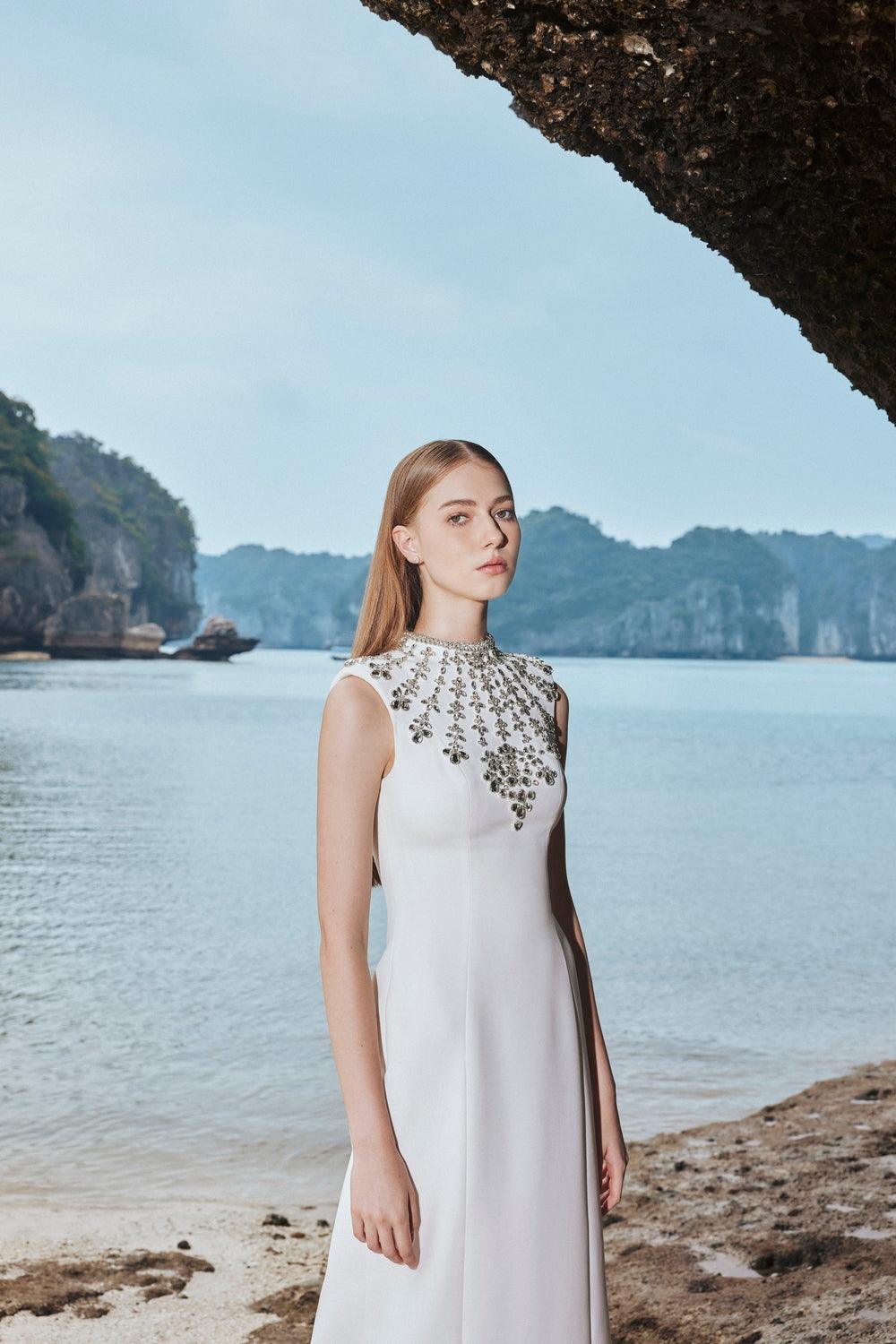 Sleeveless Bodycon Full Dress With Stone Embellishment - TRACY COUTURE