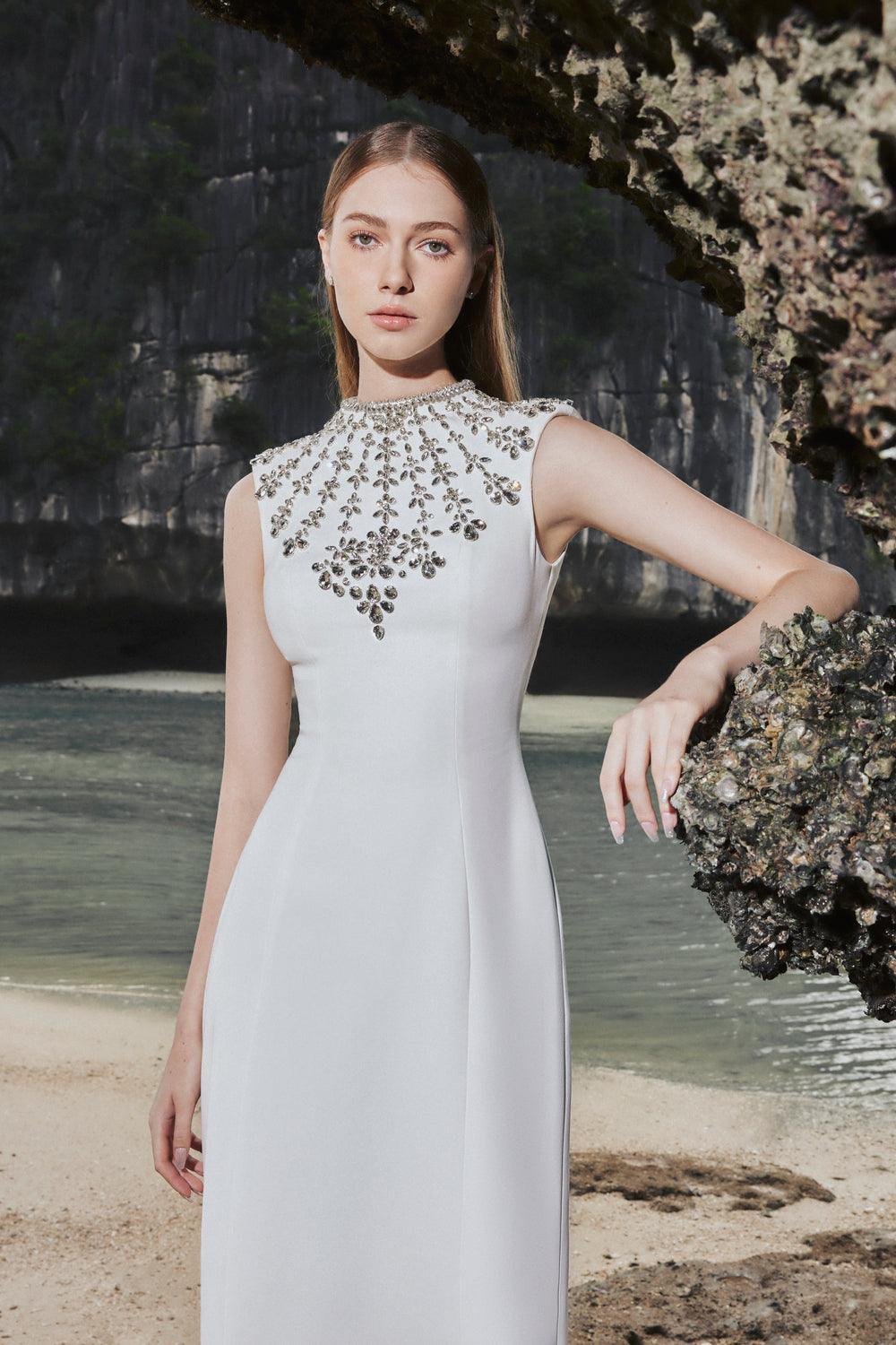 Sleeveless Bodycon Full Dress With Stone Embellishment XL / White