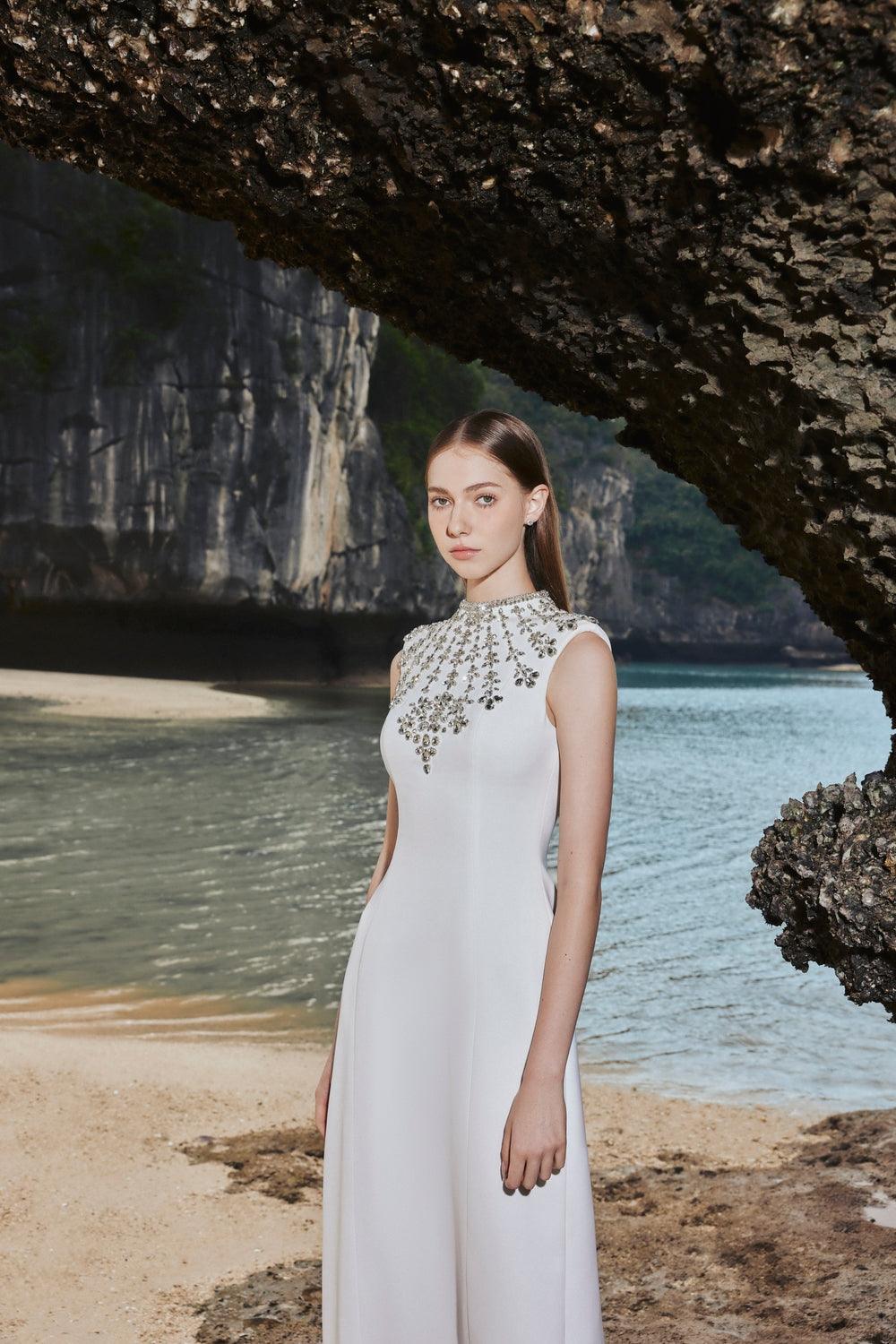 Sleeveless Bodycon Full Dress With Stone Embellishment - TRACY COUTURE