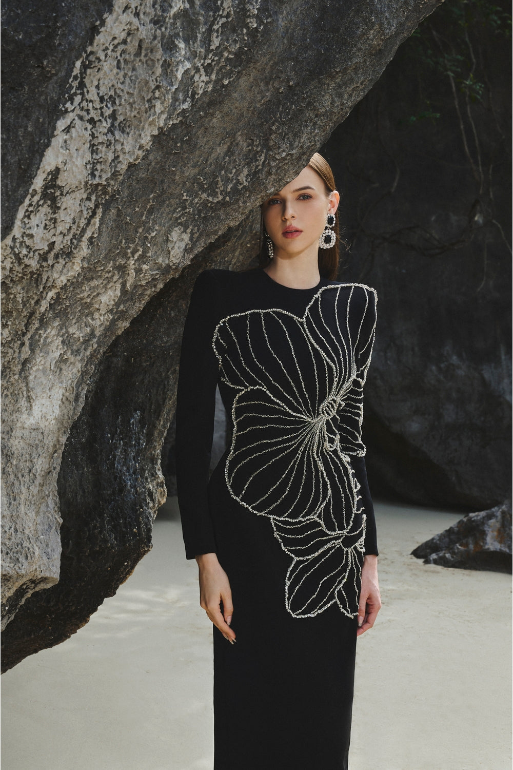 Long Sleeve Orchid Patterned Bodycon Full Dress - TRACY COUTURE