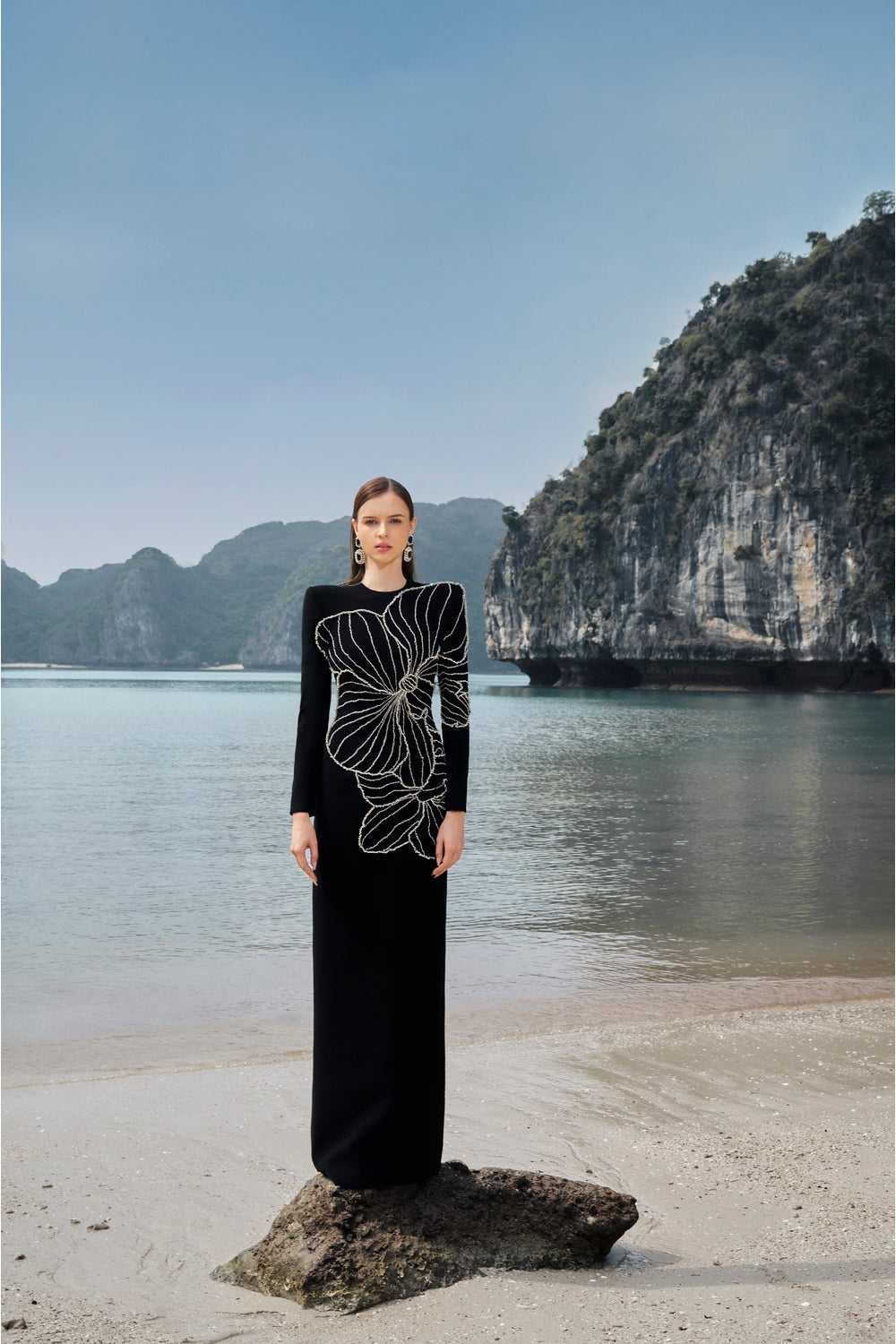 Long Sleeve Orchid Patterned Bodycon Full Dress - TRACY COUTURE