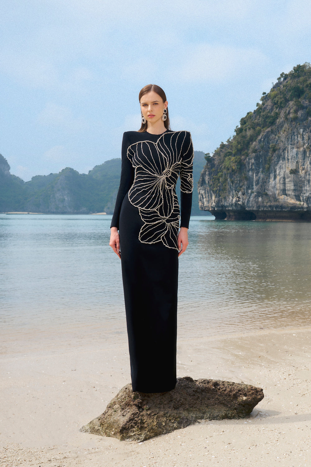 Long Sleeve Orchid Patterned Bodycon Full Dress - TRACY COUTURE