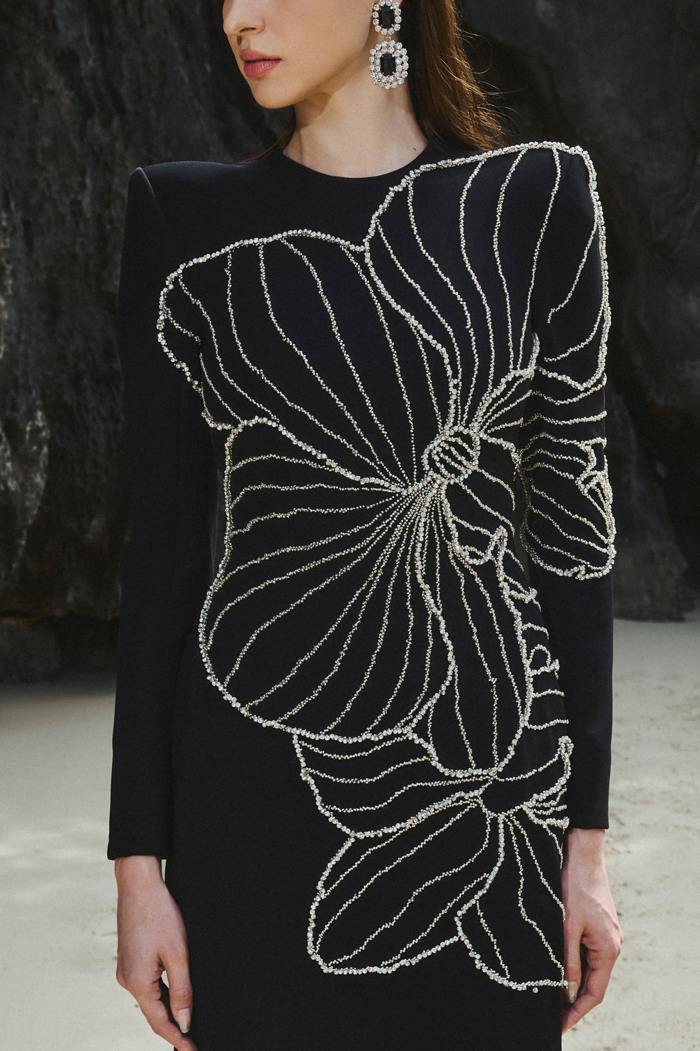 Long Sleeve Orchid Patterned Bodycon Full Dress - TRACY COUTURE