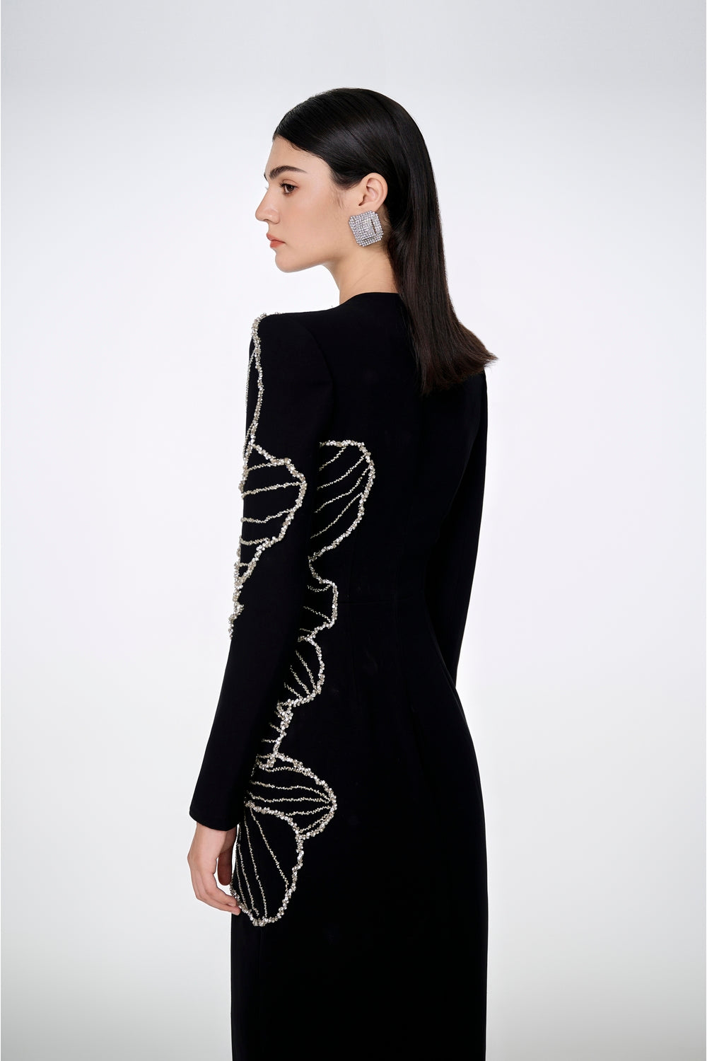 Long Sleeve Orchid Patterned Bodycon Full Dress - TRACY COUTURE